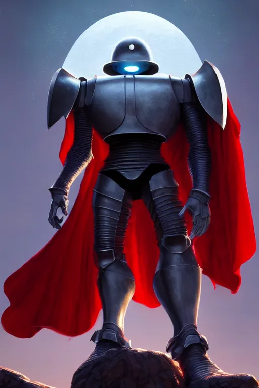 Prompt: ultrarealistic massive iron giant with red cape, large metal helm bladed iron mantle etched iron armor oversized sword, bone plants, fantasy character portrait, octane render, extreme intricate glowing details, cinematic lighting, volumetric lighting, ultra wide angle, artstation, dnd art, cgsociety, sharp focus, beautiful digital painting by artgerm, gerald brom, wlop
