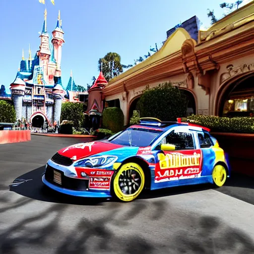 Prompt: sebastien loeb driving in disneyland