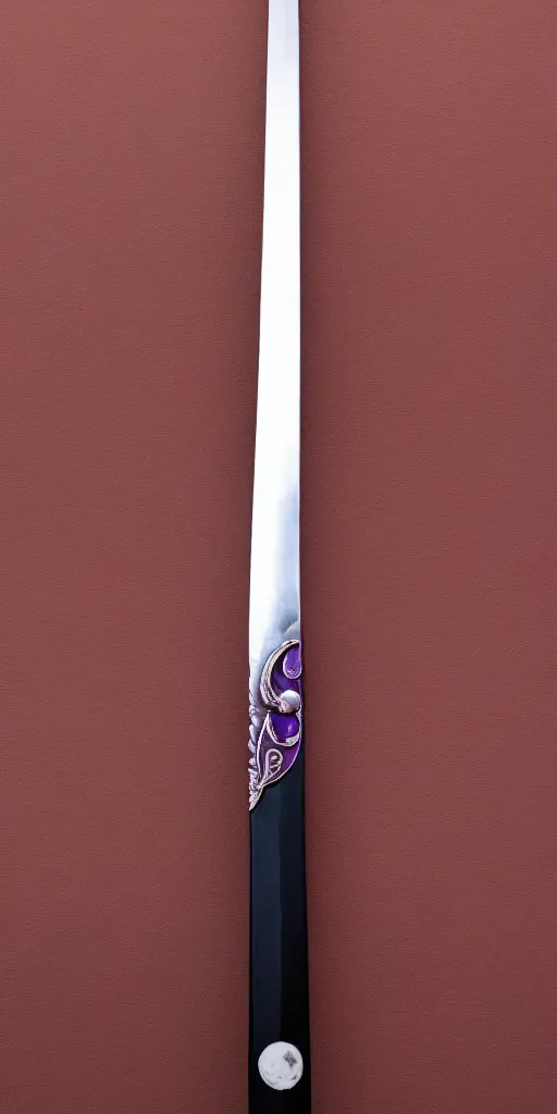 Image similar to a katana in the style of zdzisław beksinski, elegant, silver and amethyst, crescent moon motif, weapon, product photo