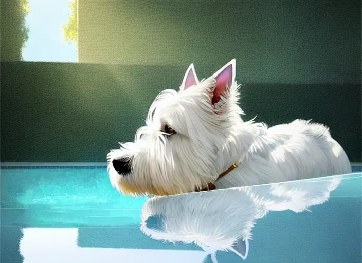 Prompt: short - haired west highland white terrier sitting by a pool, bright, reflections, intricate, sharp focus, lens flare, bloom, illustration, highly detailed, digital painting, concept art, matte, art by ruan jia and wlop and greg rutkowski, masterpiece