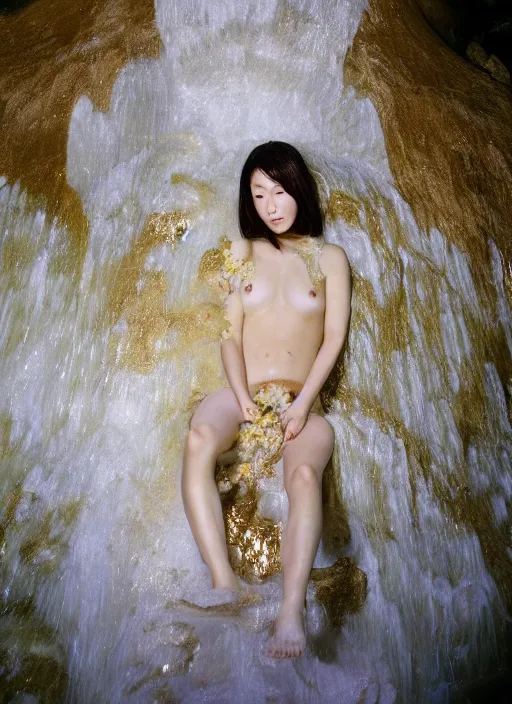 Image similar to Kodak Portra 400, 8K, soft light, volumetric lighting, highly detailed, Kasumi Arimura style 3/4 ,portrait photo of Japanese princess, the face emerges from a thermal water flowing down gold travertine terraces, with lotus flowers, inspired by Ophelia paint , a beautiful luxurious royal suit, intricate hair with highly detailed realistic beautiful flowers , Realistic, Refined, Highly Detailed, ethereal lighting colors scheme, outdoor fine art photography, Hyper realistic, photo realistic