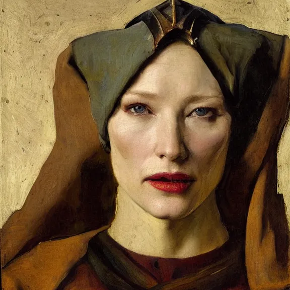 Image similar to cate blanchett by Annie Swynnerton and Nicholas Roerich and Vermeer, strong dramatic cinematic lighting , ornate headdress , lost civilizations, smooth, sharp focus, extremely detailed