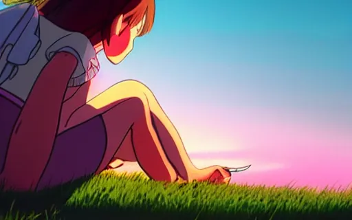 Prompt: a girl sitting on a grassy cliff watching a purple sunset, wide shot, from behind, art by hayao miyazaki, studio ghibli film, hi res, 4k