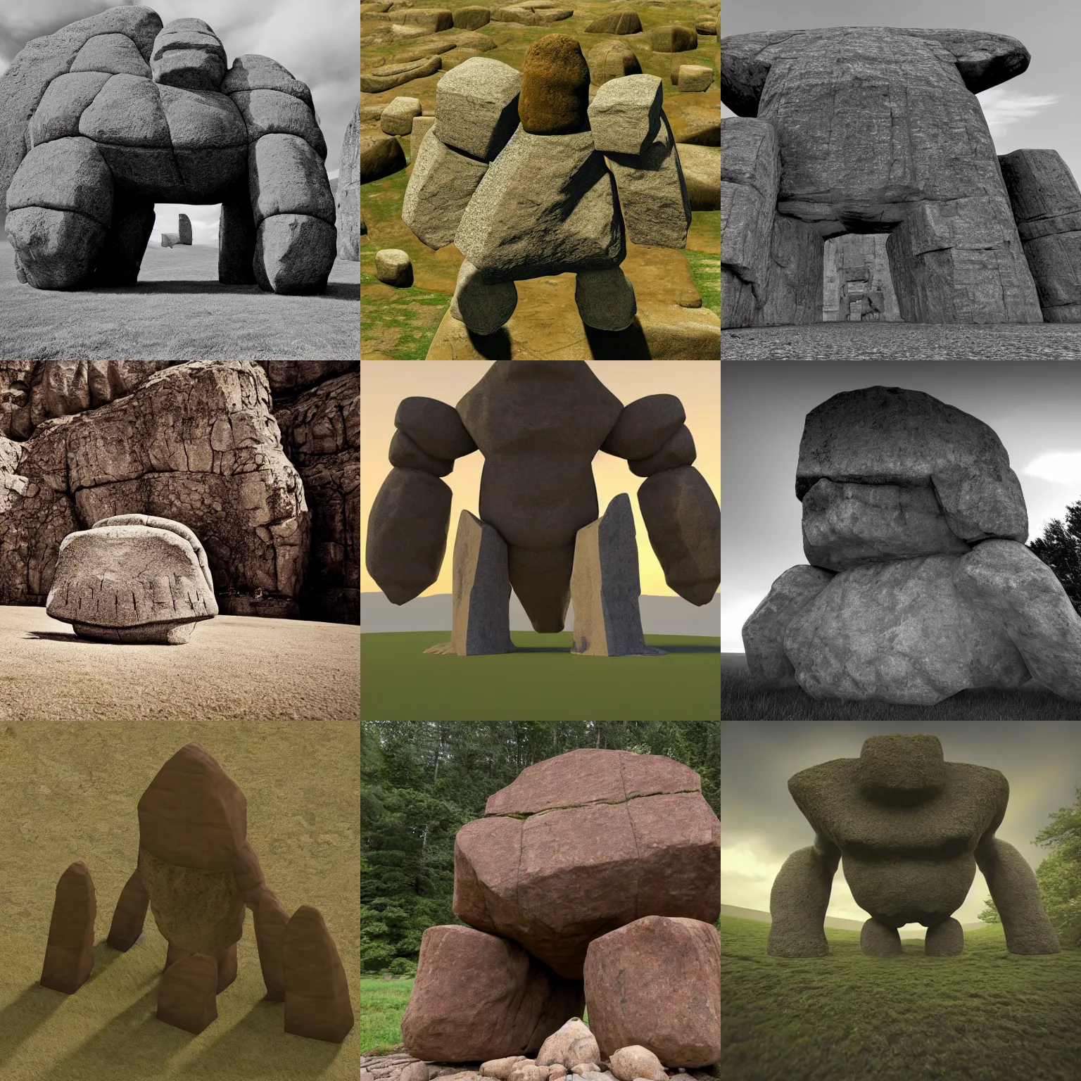 Prompt: wide angle view of a rock golem giant whose thin body looks like reconfigured standing stone and stone arch elements from stonehenge. it stomps on the ground angrily, causing dirt to fly and shaking the camera