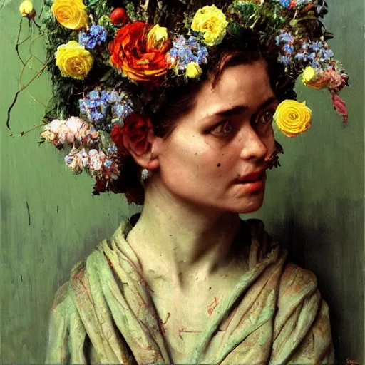 Image similar to a sculpture portrait made of ceramic and metal and flowers and plants, painting part by wojciech siudmak, part by ilya repin, part by max ernst, part by norman rockwell, artstation