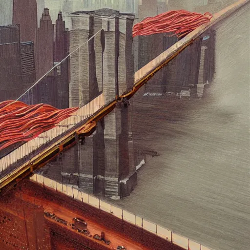 Image similar to the brooklyn bridge made of bacon by greg rutkowski and frank lloyd wright