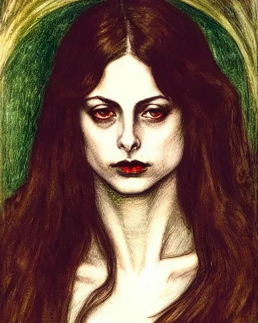 Prompt: style of dante rossetti : : gorgeous willa holland : : evil witch, swirling black magic : : symmetrical face, symmetrical eyes : : full body pose : : gorgeous black hair : : magic lighting, low spacial lighting : :