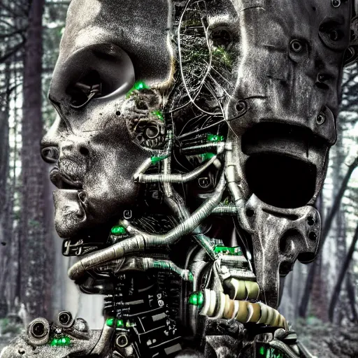 Prompt: super detailed portrait of a terminator's head, packed with cybernetics and and borg enhancements. In a forest with bokeh. Lots of Gears visible. Vegetation id growing out of it