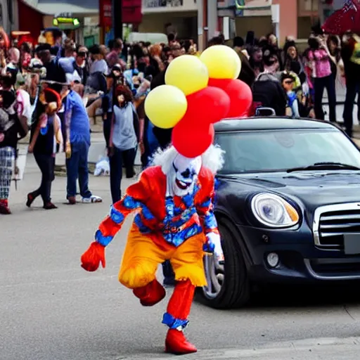 Prompt: a creepy clown attacks a crowd with a mini bus, live crime scene footage from a live tv, cosplay parade