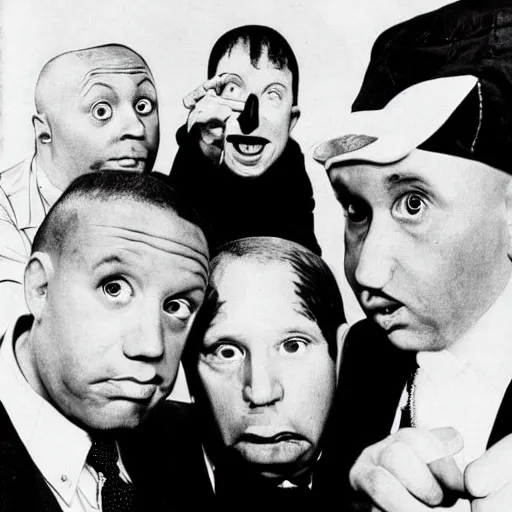 Image similar to an album cover for the three stooges as a hip hop group in 1980
