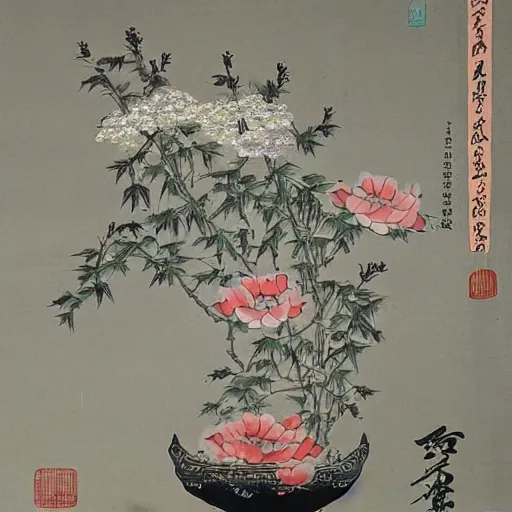 Image similar to amongst the flowers is a pot of wine, i pour alone but with no friend at hand, chinese painting