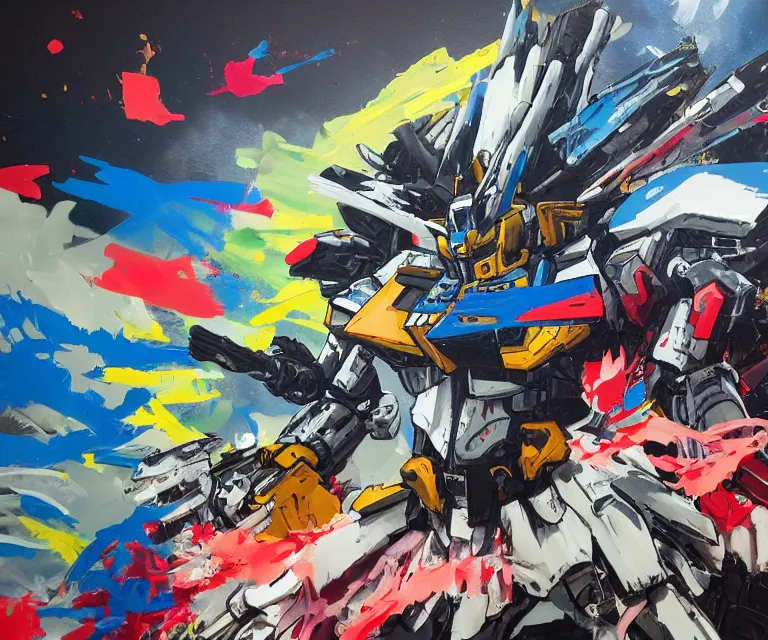 Image similar to acrylic and spraypaint action shot of a giant gundam battling in space, explosions, graffiti wildstyle, large brush strokes, painting, paint drips, acrylic, clear shapes, spraypaint, smeared flowers, origami crane drawings, large triangular shapes, painting by ashley wood, totem 2, jeremy mann, masterpiece