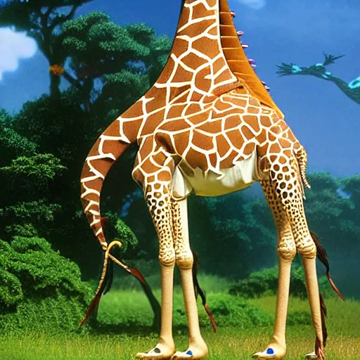 Prompt: giraffe with big blue feathered dragon wings on its back, full body shot, by studio ghibli