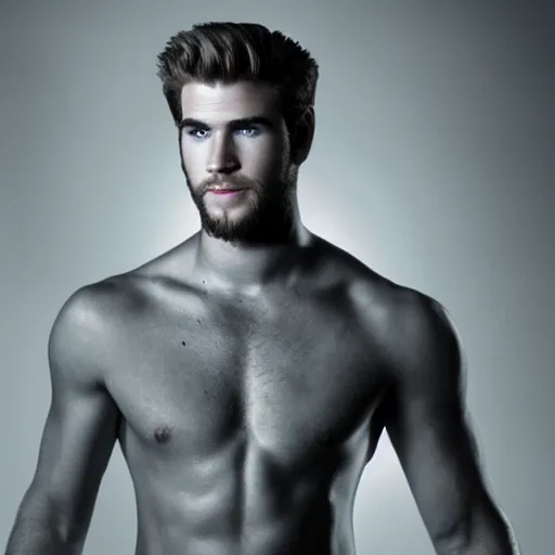 Image similar to a realistic detailed photo of a guy who is an attractive humanoid who is half robot and half humanoid, who is a male android, actor liam hemsworth, shiny skin, posing like a statue, blank stare, in a living room, on display, showing off his muscles