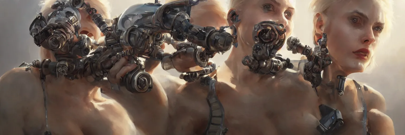 Prompt: tank girl, highly detailed, half human, half cyborg, power augmentation implants, high tech full body transmogrify, low camera angle, pov, beautiful, mesmerising, look of desire, loving stare, battle action shot, digital painting, trending on artstation, concept art, 4 k, sharp focus, illustration, art by greg rutkowski