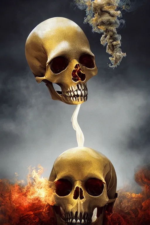 Image similar to immaculate painting of A Beautiful fine detailed gold and red and black huge skull floating in smoke over desolated wastelands, an iIlusion by erik johansson micro detailing