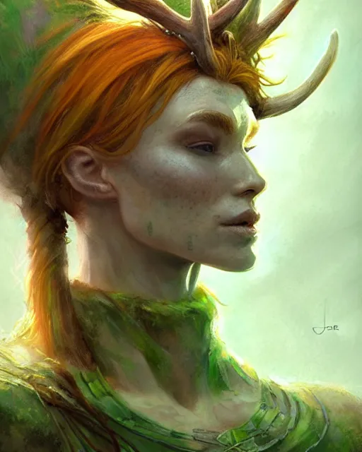 Prompt: female druid, perfect face, thin antlers, green tunic, ginger hair, cinematic, freckles, stunning, muscular, abs, athletic, strong, agile, highly detailed, psychedelic, digital painting, artstation, smooth, hard focus, illustration, art by jessica rossier and and brian froud