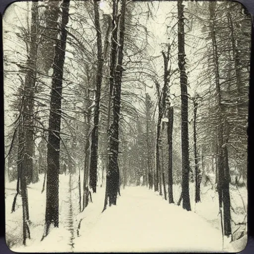 Image similar to atmospheric polaroid photograph of snowy forest growing on a city street