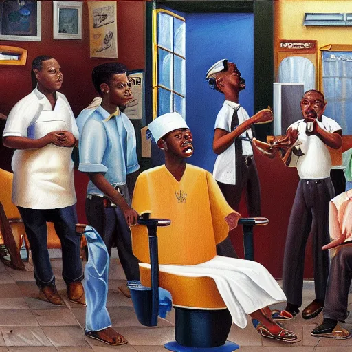 Prompt: a detailed oil painting of a busy african-american barbershop with people getting haircuts, in the style of Kadir Nelson and Normal Rockwell