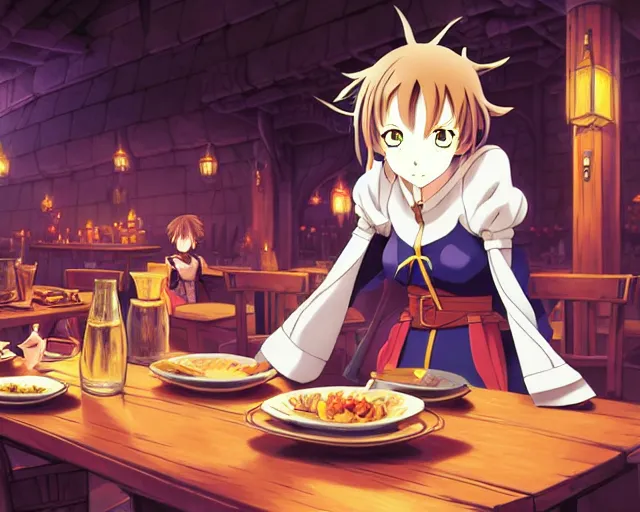 Image similar to anime visual, portrait of a young female in a busy fantasy medieval tavern interior at night, face by yoh yoshinari, murata range, last exile, blue submarine no 6, dynamic pose, dynamic perspective, detailed silhouette, cel shaded anime, seven deadly sins anime, flat, muted colors, matte