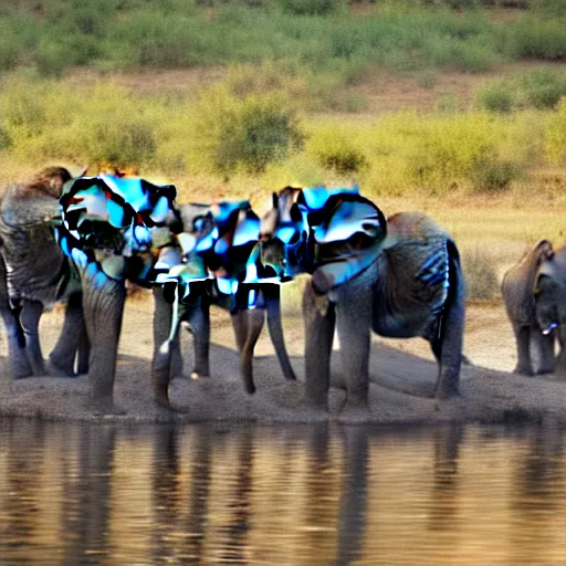 Image similar to a group of African elephants drinking out of an oasis. Instead of land, they are on a person's belly. The belly is surrounded by water. Golden hour