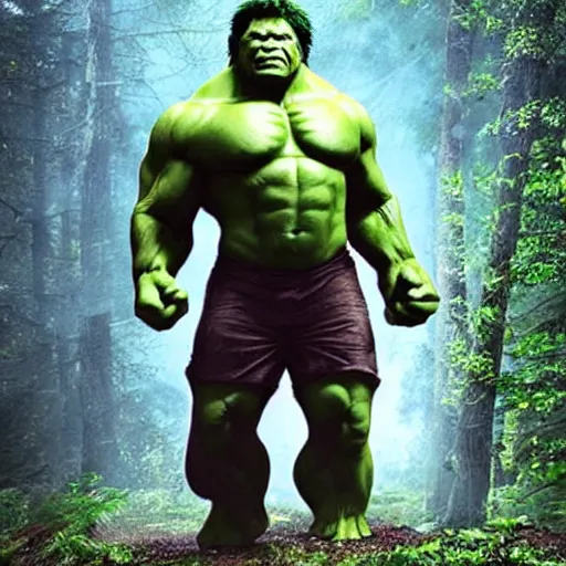 Prompt: the Incredible Hulk as a Sasquatch in the forest