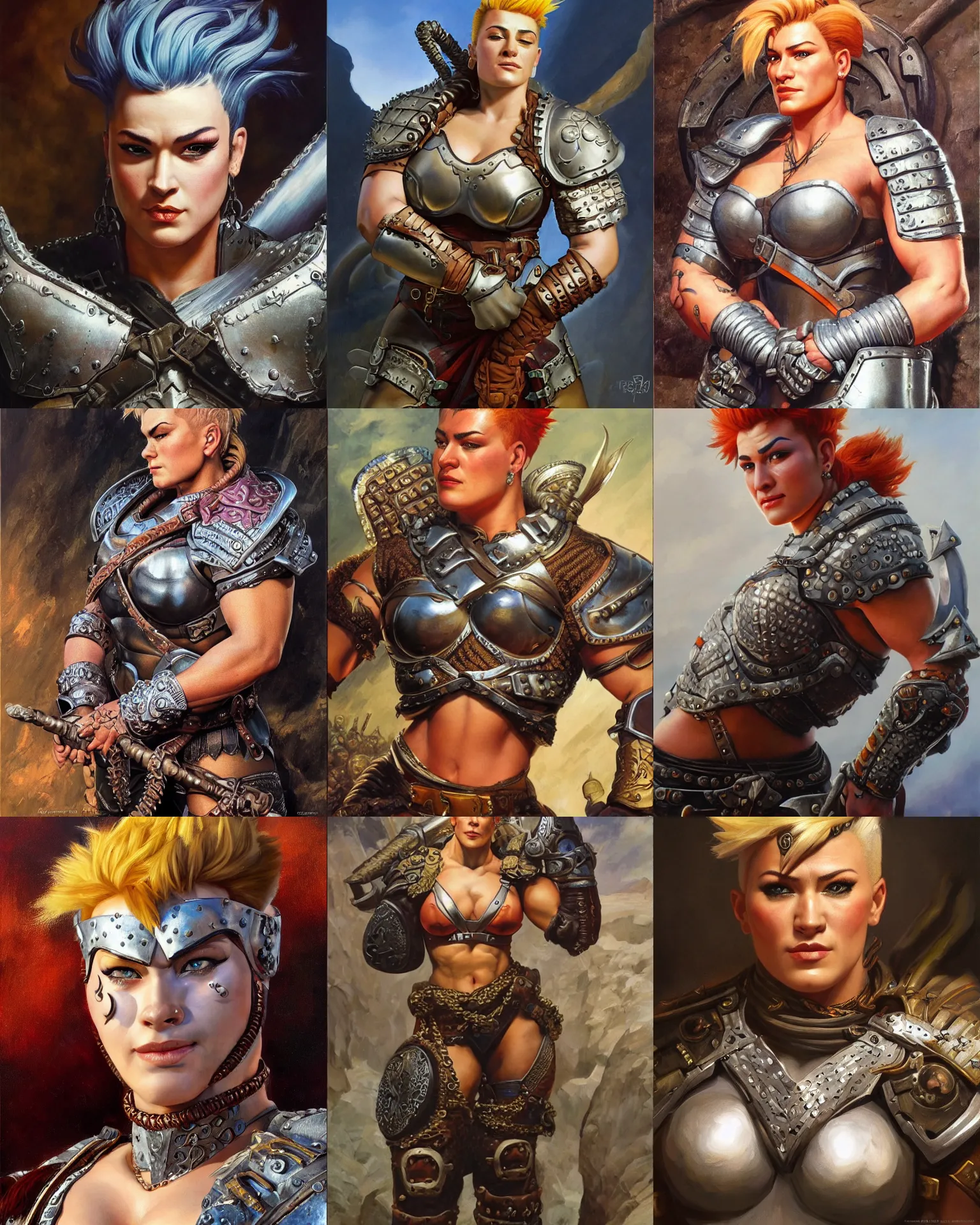 Prompt: detailed portrait of zarya from overwatch as a strong medieval warrior wearing iron chainmail, intricate, hyper detailed, realistic, oil painting, by boris vallejo, frank frazetta, cinematic lighting