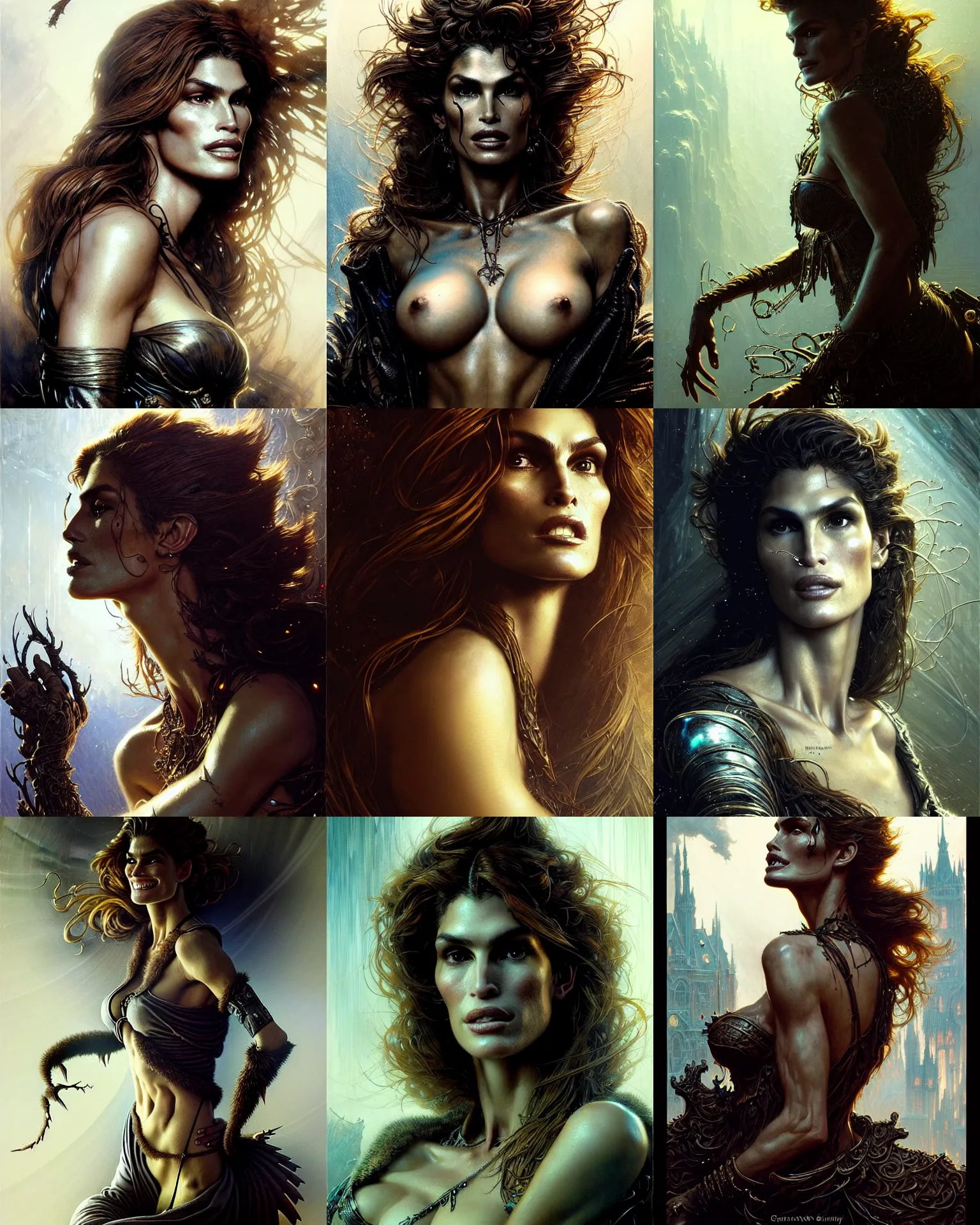 Prompt: a portrait of cindy crawford fantasy character portrait, ultra realistic, cinematic, concept art, wide angle, intricate details, hologram, highly detailed by greg rutkowski, aaron horkey, gaston bussiere, craig mullins, simon bisley, arthur rackham