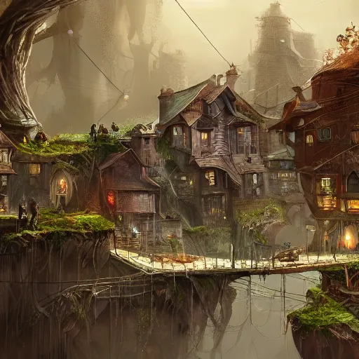 Image similar to a tiny miniscule town living on the thread of a spiders web, fantasy concept art, trending on art station, stunning visuals, creative, cinematic, ultra detailed