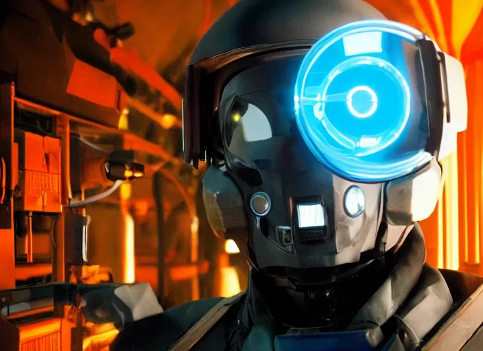 Image similar to film still of Brian Cranston as Gordan Freeman in an underground lab facility wearing a black HEV suit with an orange lambda logo in front with a glowing blue portal in the background in the Half Life Movie, 4k