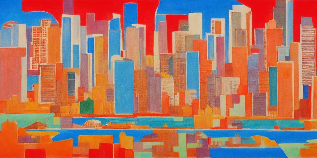 Prompt: panama city skyline by mainie jellett, warm colors