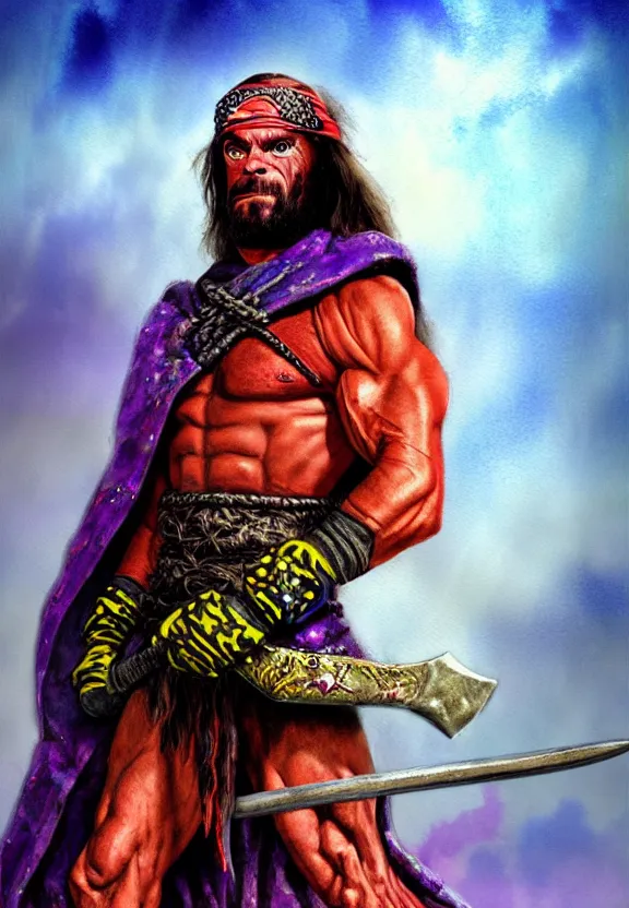 Image similar to a solitary macho man randy savage wearing a colourful heavy cloak alone full body rocky desolate wasteland | portrait | fantasy impressionist watercolour painting | matte painting | matte drawing | middle earth | pathfinder | featured on artstation deviant art | sword and sorcery | pintrest | conan | darksun | d & d dungeons and dragons | barbarian