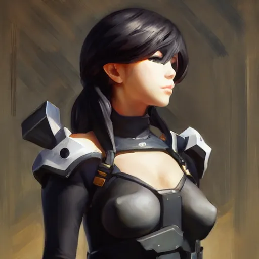 Image similar to greg manchess portrait painting of yorha type a no. 2 as overwatch character, medium shot, asymmetrical, profile picture, organic painting, sunny day, matte painting, bold shapes, hard edges, street art, trending on artstation, by huang guangjian and gil elvgren and sachin teng