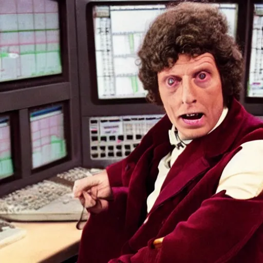 Image similar to Tom Baker as as the Doctor in his burgundy costume in the Tardis secondary control room