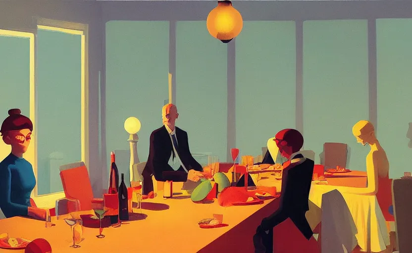 Image similar to a mysterious surreal dinner scene illustration by atey ghailan and escher and edward hopper, surreal