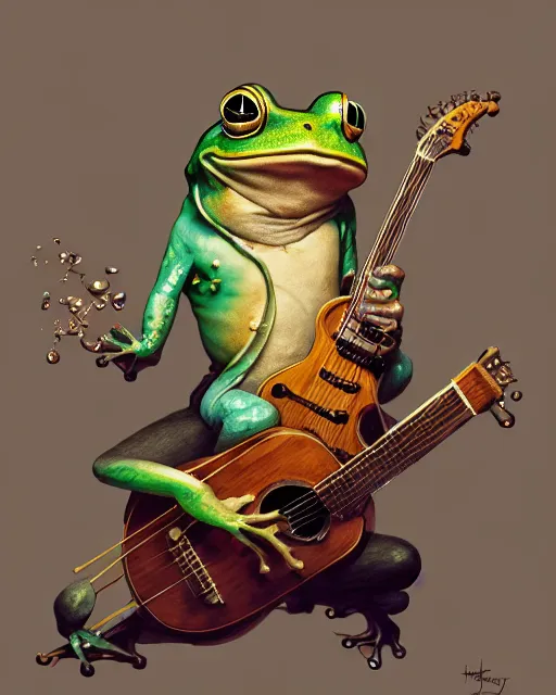 Prompt: anthropomorphic art of a frog with a guitar, medieval clothing by artgerm, victo ngai, ryohei hase, artstation, highly detailed digital painting, smooth, global illumination, fantasy art by greg rutkowsky, karl spitzweg