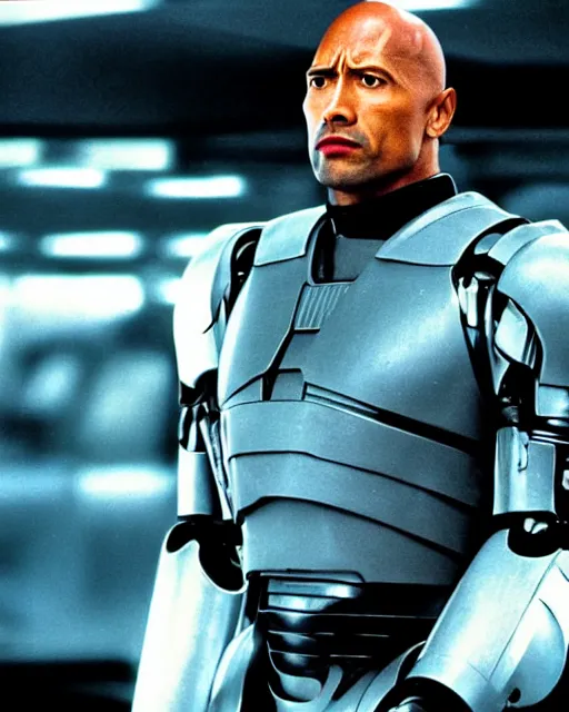 Image similar to film still close - up shot of dwayne johnson as robocop from the movie robocop. photographic, photography