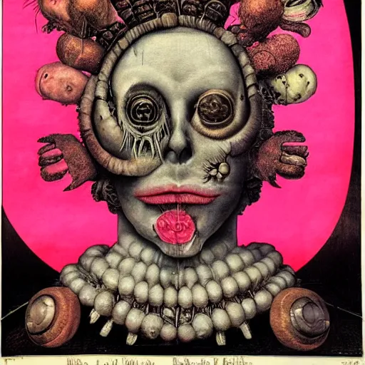 Image similar to post - punk album cover, asymmetrical design, dollar bank, new age, apocalypse, psychedelic, black white pink, magic, giger h. r., giuseppe arcimboldo