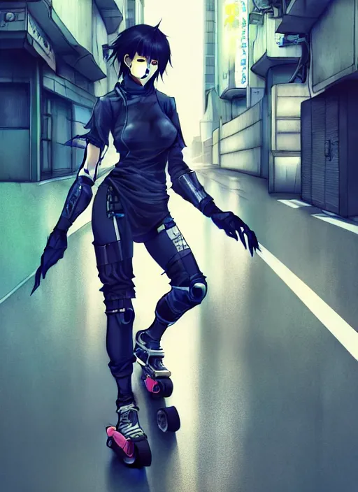 Image similar to hyper - realistic cyberpunk anime woman wearing inline skate, tokyo street, extreme detail, good face, model, concept art, in style of yoji shinkawa, pan ren wei, col price, atey ghailan, by greg rutkowski, aesthetic