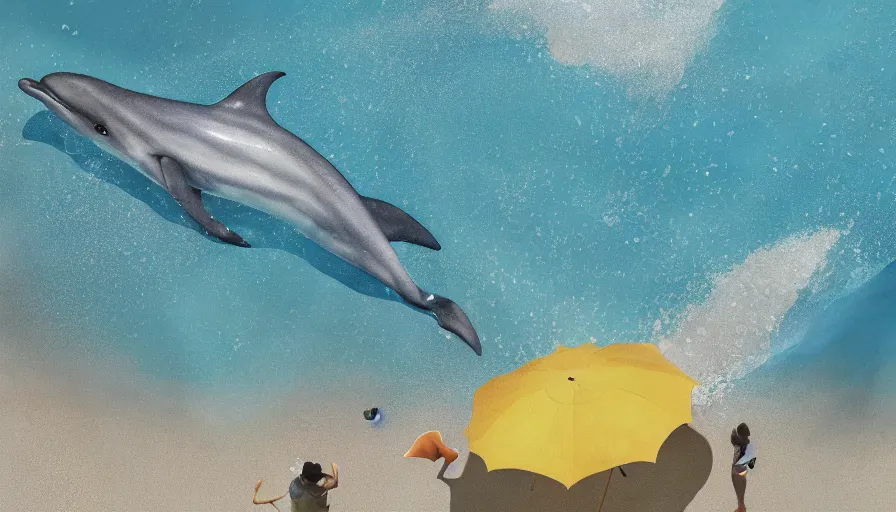 Prompt: craig mullins and ghibli digital illustration of, a dolphin in the blue dotted water, modern beach ， many umbrellas, white waves ， yellow gravel corals and schools of fish unreal engine, hyper realism, realistic shading, cinematic composition, realistic render, octane render, detailed textures, photorealistic, wide shot