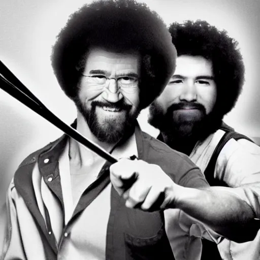 Prompt: Bob Ross fighting with nunchucks, photography