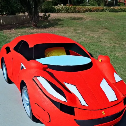 Prompt: Ferrari made of paper mache, paper mache art