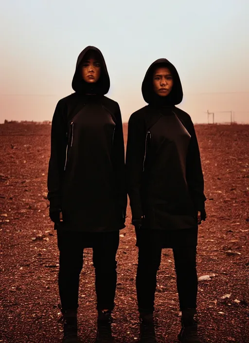 Image similar to cinestill 5 0 d photographic portrait of 2 women wearing black techwear in front of a brutalist sharp - edged metal building, closeup, on a desolate plain with a red sky, dystopia, cyberpunk, closeup, depth of field, 4 k, 8 k, hd, full color