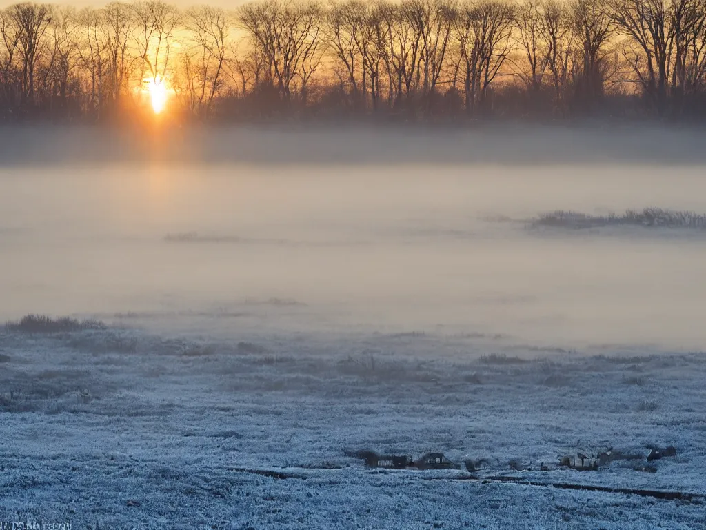 Prompt: I stand on a bridge at dawn on cold winter’s morning. There is frost on the ground and mist over the water. Two swans are swimming in the distance. I can just make out the roofs of some buildings in the far distance, but generally this area is rural. The first rays of sunlight are just emerging and are starting to cast a beautiful golden light across the fields. A goose flies low overhead. I raise my camera and hope to capture the beauty of this scene on my Sony A7R camera with a 17mm wide angled lens