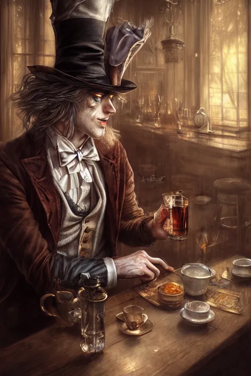 Prompt: mad hatter, portrait of young man, tavern, by wlop, by luis royo, by peter mohrbacher, concept art, digital illustration, intricate, masterpiece, elegant, super detailed, unreal engine rendering, smooth, sharp focus, artstation hq