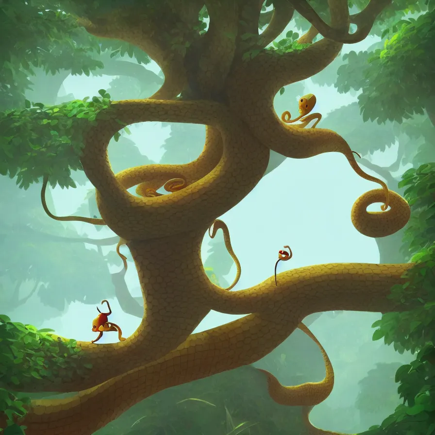 Image similar to Goro Fujita illustrating a snake with geometric figures climbing a large tree in a jungle, art by Goro Fujita, sharp focus, highly detailed, ArtStation