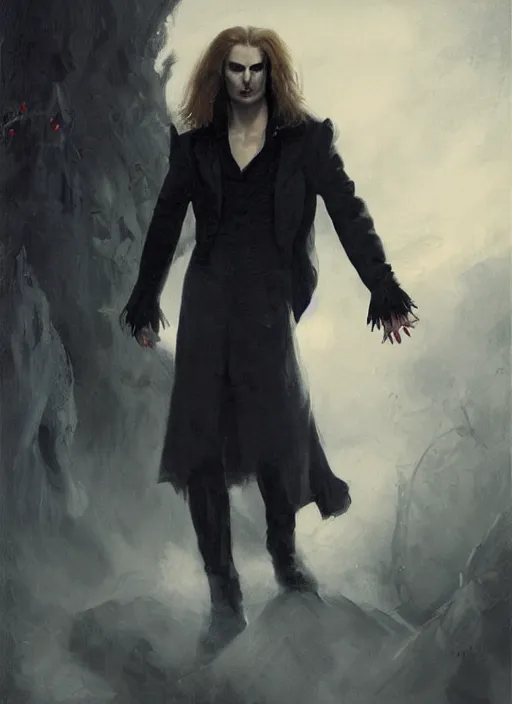 Image similar to portrait painting of the vampire lestat, paris! floating, muscular male, long hair! long coat, elegant rugged handsome unreal render cinematic lighting art 1 8 9 0 period drama by bussiere rutkowski andreas rocha