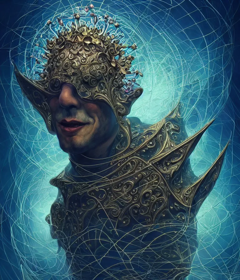 Image similar to front!!! shot of a court jester!!! character, mesmerizing fractal hypercubes, dark holography!!!, future, metallic galactic, crystalline edges, polygonal, elegant, highly detailed, centered, (((artstation, concept art, jagged, sharp focus, artgerm, Tomasz Alen Kopera, Peter Mohrbacher, donato giancola, Joseph Christian Leyendecker, WLOP, Boris Vallejo))), ((raytracing)), mugshot!!!!!, ugly!!!!!!, octane render, nvidia raytracing demo, octane render, nvidia raytracing demo, octane render, nvidia raytracing demo, 8K