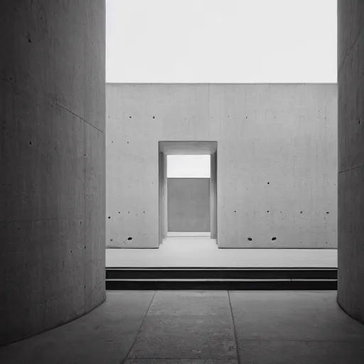 Prompt: A looming and imposing concrete structure, with a single small door in the center. The door is open, and there is a feeling of invitation in this image. Designed by Tadao Ando and photographed by Hiroshi Sugimoto