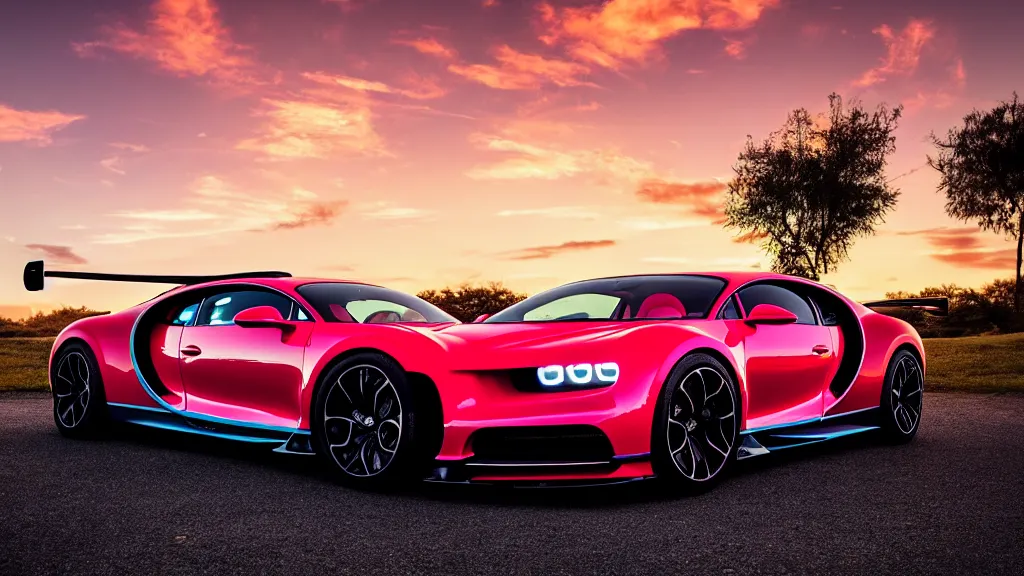 Image similar to synthwave bugatti chiron at sunset